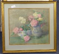Constance Walton (1865-1960)watercolour,Still life of roses in a glass bowl and a jug,signed,16.5 x