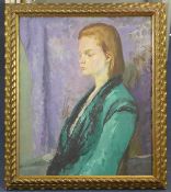 Philip Naviasky (1894-1983)oil on canvas,Half length portrait of a woman wearing a green jacket,