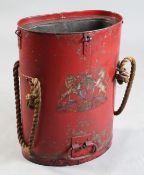 A French & Son red painted oval powder cask, with oval makers plaque and decorated with the Royal