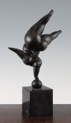 In the manner of Fernando Botero. A figural patinated bronze modelled as female acrobat balancing