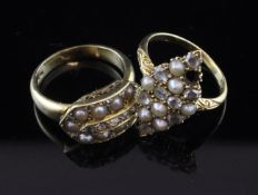 Two early 20th century 18ct gold, seed pearl and rose cut diamond cluster dress rings, of shaped