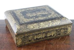 A Chinese gilt decorated black lacquer games box, mid 19th century, of rectangular form, the cover