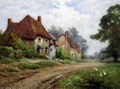 Alfred Fontville de Breanski (1877-1957)oil on canvas,Cottages on a lane,signed,15 x 20in.