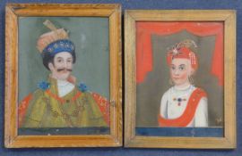 19th century Indian Schooltwo reverse paintings on glass,Portraits of turbanned gentlemen,10 x 7.