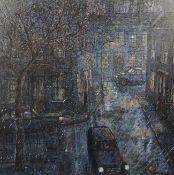 Peter Snow (1927-)oil on sundeala board,St Mary`s Gardens, Lambeth 1986, Nightfall, November,signed