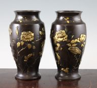 A pair of Japanese bronze and mixed metal vases, Meiji period, each of oviform, cast and decorated