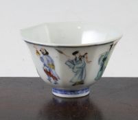 A Chinese Doucai `immortals` cup, late 19th century, of octagonal panelled shape painted to each