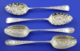 Four late 18th century silver ""berry"" spoons, makers differ, including Hester Bateman, London,