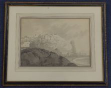 Early 19th century Continental Schoolink and wash,Mediterranean coastal landscape with palazzo