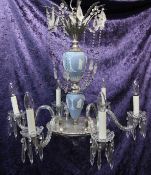 A jasper ware and glass silver plate mounted electrolier, with six scrolling glass arms with