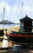 §Sherree Valentine Daines (20th C.)oil on card,On the beach at Brighton with the artist`s daughter,