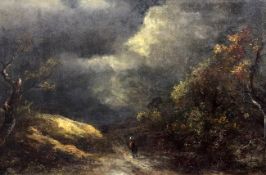 19th century English schooloil on wooden panel,Travellers in a stormy landscape,14.5 x 22.5in.