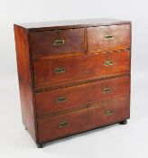 A 19th century teak military chest, fitted two short and three long drawers with rebated handles,