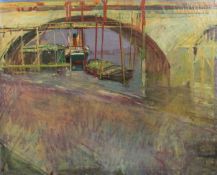 § David Graham (b.1926)oil on canvas,Shipping beneath a Thames bridge,exhibited Royal Academy 1968,