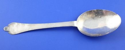 A late 17th/early 18th century Channel Islands silver trefid spoon, engraved with the initials S.L.