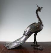 A large Japanese bronze and champleve enamel `peacock` koro and cover, late 19th century, modelled