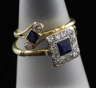 Two early 20th century 18ct gold and platinum sapphire and diamond rings, of tablet and crossover