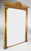 A large Victorian satinwood and parcel gilt overmantel mirror, painted with anthemion vase, paterae