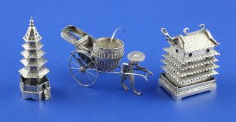 An early 20th century Chinese silver novelty mustard and pepper by Luen Hing, Shanghai, modelled as