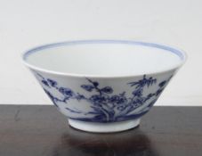 A Chinese blue and white `Three Friends` bowl, Qianlong period, of conical form, the exterior