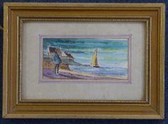 Sir Hugh Casson (1910-1999)ink and watercolour,Figure overlooking the sea,initialled,2 x 3.75in.