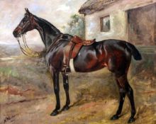 Alfred Wheeler (1852-1932)oil on artist`s board,Portrait of a horse standing beside a cottage,