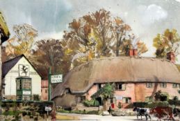 John Strickland Goodall (1908-1996)watercolour,The Green Dragon Inn and thatched cottages,11.5 x