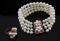 A quadruple strand cultured pearl bracelet and matching dress ring, the bracelet with ruby and