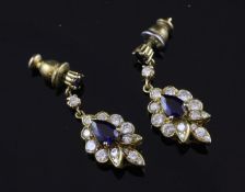 A pair of 18ct gold, sapphire and diamond cluster drop ear studs, 1in.