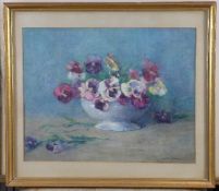 Constance Walton (1865-1960)watercolour,Still life of pansies in a white bowl,signed,14 x 17.5in.