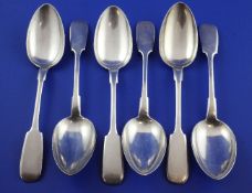 A set of six late 19th century Russian 84 zolotnik silver fiddle pattern spoons, assay master Lev