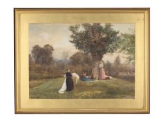 John William North (1841-1924) & Fred Walkerwatercolour,Ladies beside an old oak tree, figures by