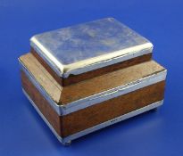 A late Victorian silver mounted oak double lidded combination cigarette/cigar box, retailed Tiffany