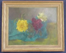 Leonard Applebee (1914-2000)oil on canvas,Still life of roses,monogrammed with label verso,15 x