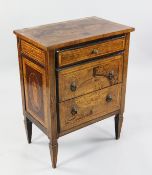 A 19th century North Italian walnut and marquetry inlaid commode, with three drawers, on tapering