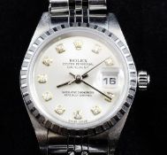 A recent lady`s stainless steel Rolex Oyster Perpetual Datejust wristwatch, with diamond dot