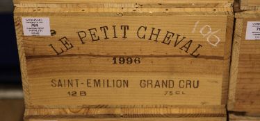 A case of twelve bottles of Chateau Petit Cheval 1996, St. Emilion. This is the second wine of