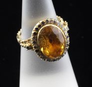 A 20th century Regency design Portuguese gold, foil backed citrine and rose cut diamond set ring,