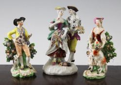 Three Derby groups, late 18th century, the first of a couple holding flowers, c.1760, on a mound