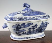 A Chinese export blue and white tureen and cover, Qianlong period, typically painted with figures