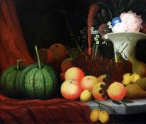 Italian School c.1840oil on canvas,Still life of fruit and flowers on a stone ledge,signed W H