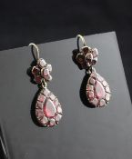 A pair of Victorian gold and silver, foil backed garnet drop earrings, with pear shaped drops, 1in.