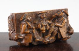 A 19th century Scottish relief carved treen rectangular snuff box, the lid depicting with three