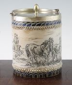 Hannah and Lucy Barlow for Doulton Lambeth. A cylindrical biscuit barrel, dated 1882, typically