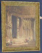 John Skinner Prout (1805-1876)watercolour,Chartres Cathedral south porch with figures in the