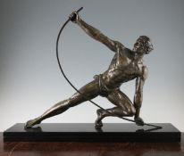 After Jean de Roncourt, Le Bendeur, a 1930s patinated metal statuette of an athlete mounted on a