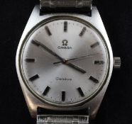 A gentleman`s early 1970`s stainless steel Omega manual wind wrist watch, with silvered dial and