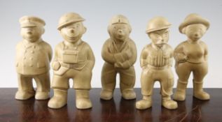 Five Bovey pottery `Our Gang` figures, c.1945, designed by Gwyneth Holt and Fenton Wyness, modelled