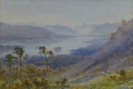 Edward Arden (Tucker) (c.1847-1910)watercolour,Sheep on a hillside overlooking a loch,signed,10.5 x