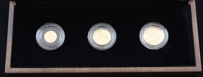 A 2010 Royal Mint gold proof full, half and quarter sovereign coin set, in box with certificate.